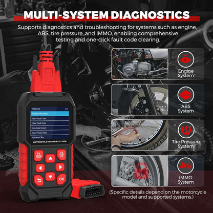 The M4 Motorcycle Diagnostic Tool, an OBD2 Code Reader Scan Tool, is applicable to Honda, Yamaha, Kawasaki, Vespa, Suzuki, Piaggio, KTM, Aprilia, Triumph, Royal Enfield, KYMCO, SYM, PGO, Benelli, Ducati, Harley Davidson and BMW.